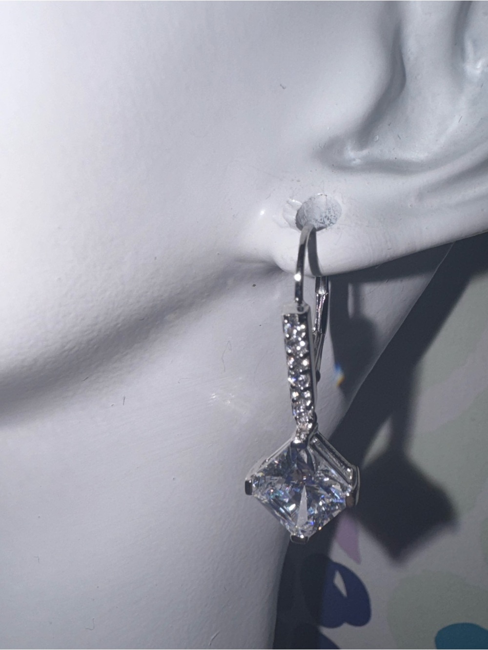 Sterling Silver 925 CZ Princess Cut Drop Earrings – CZ Pave Bar – Lever Back